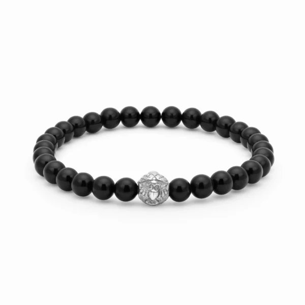 Shiny Black Achat bead bracelet with silver– Handmade mineral bracelet, sleek and perfect for elegant outfits.